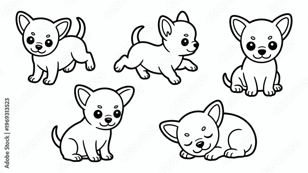 Fototapeta premium Cute Chihuahua Puppy Coloring Set Playful and Sleeping Dog Poses