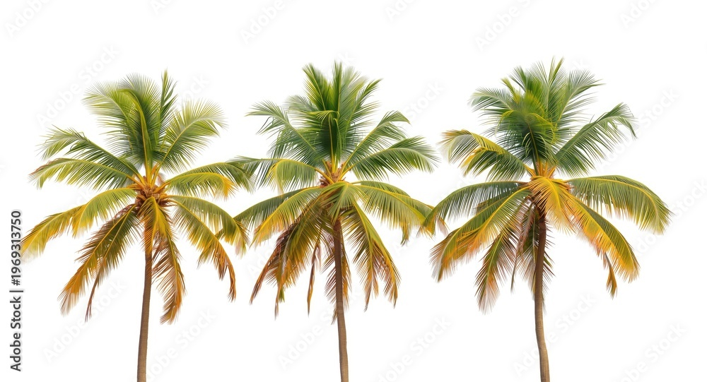 Obraz premium Three vibrant coconut palm trees displaying tropical serenity on a pure white background