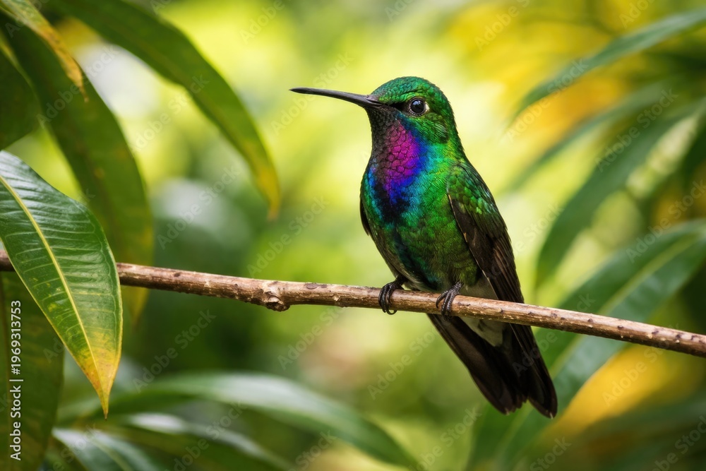 Fototapeta premium Mango hummingbird perched calmly on a slender branch in tropical foliage