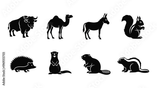 A collection of diverse animal silhouettes including a bison camel donkey and squirrel presented in black and white silhouette high quality