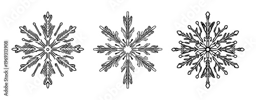 Snowflake set with symmetrical line art and circuit board patterns featuring tech, winter, sharp lines, isolated on white with electronics and design