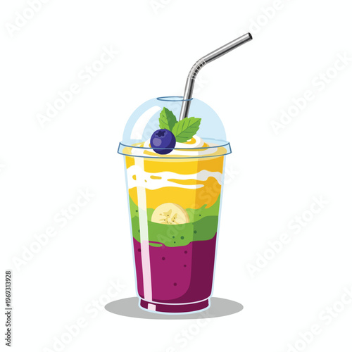 Layered colorful smoothie in a clear plastic cup with lid and straw
