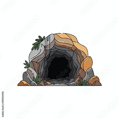 A cartoon illustration of a cave entrance formed by rocks and plants