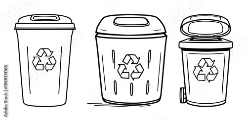 Smart waste bin set with bold line illustration on white background featuring recycling symbol, urban sustainability, vector graphics, design with bin icon and eco theme