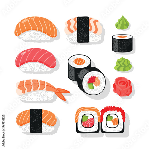 Assorted sushi and accompaniments including nigiri, maki, wasabi, and pickled ginger