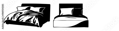 Bed set with pillows silhouette featuring dark outline, layered geometry, soft curves, warm shading and texture with minimalist and modern