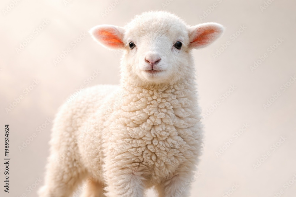 Obraz premium Confident young white lamb with fluffy fleece on plain background symbolizing Eid ul Adha