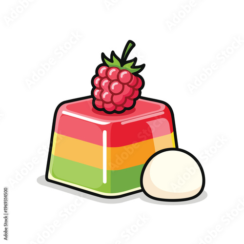 Multi-layered jelly dessert topped with a raspberry and a small round cream puff