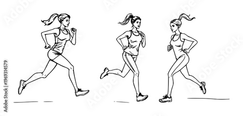 Running woman set with continuous one line drawing featuring vector, illustration, line art with minimalistic and black and white