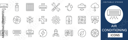 Air Conditioning line icon set featuring AC unit, remote, fan, temperature, snowflake, filter, maintenance, ventilation, installation, and thermometer. editable stroke