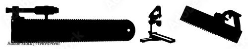 Saw woodworking silhouette set with a minimalist black and white vector design of a crosscut saw cutting through wood featuring saw, wood, silhouette with woodworking and cutting