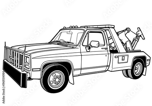 Vintage tow truck line art illustration, classic roadside recovery vehicle with crane and bull bar
