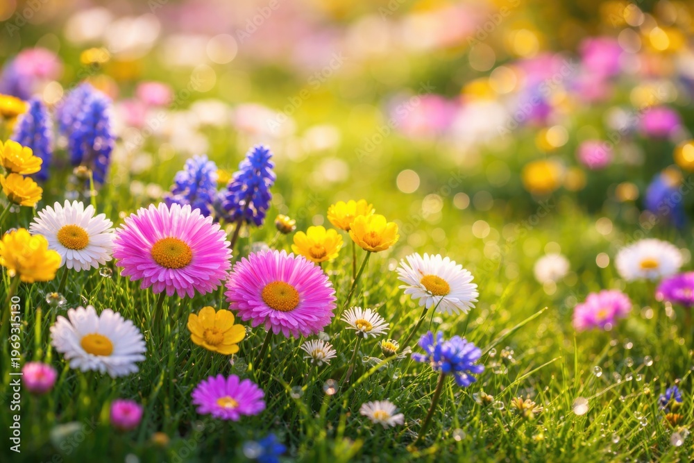 Fototapeta premium Close up view of blooming flowers on a fresh spring lawn with a vibrant floral background