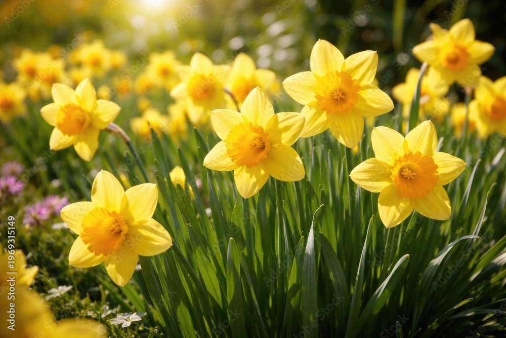 Obraz premium Bright yellow daffodils blooming vibrantly in a sunny garden setting
