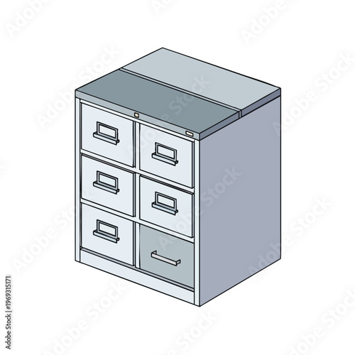 Light gray metallic filing cabinet with six drawers, presented in isometric view