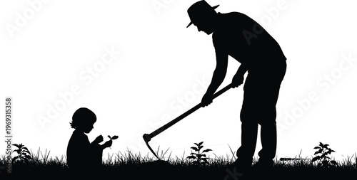 Father and child gardening together, a silhouette of bonding and teaching outdoor activities.
