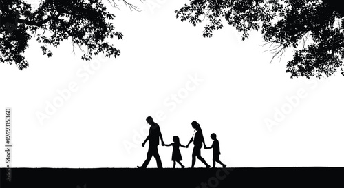 Family silhouette walking under tree branches, symbolizing a peaceful stroll and connection with nature.