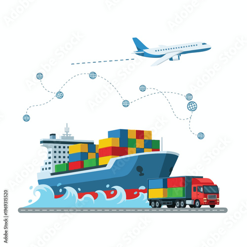 Global transport ship, plane, truck, and shipping containers connect