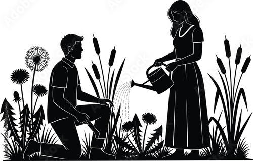 Couple tending to plants in a garden with dandelions and cattails, symbolizing growth and nurturing relationships.