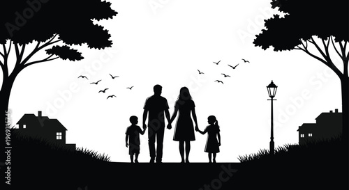 Silhouette of a happy family walking together in a suburban neighborhood with trees and houses.