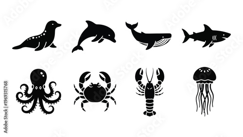 A collection of marine animal silhouettes including dolphins whales sharks octopus jellyfish and crabs silhouette high quality professional detailed modern elegant