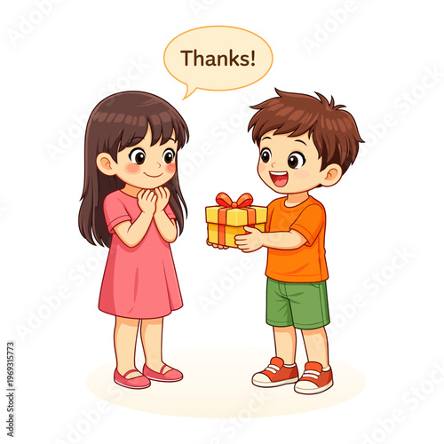 Cartoon boy giving gift to girl with thanks speech bubble