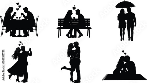 Silhouettes of couples in romantic moments, including dining, sitting on a bench, and under an umbrella.
