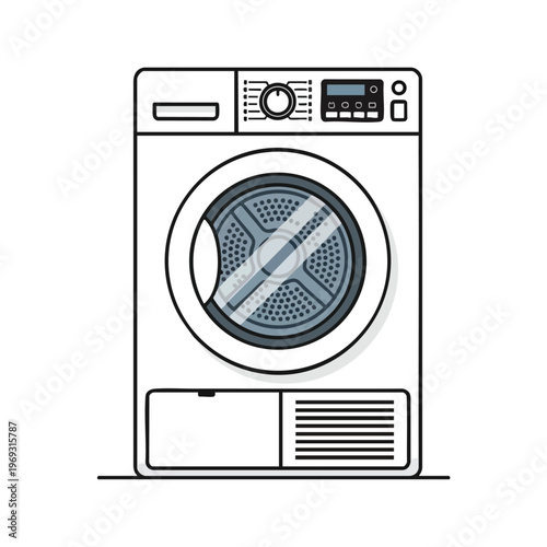 Front view of a modern tumble dryer with a transparent door and digital control panel