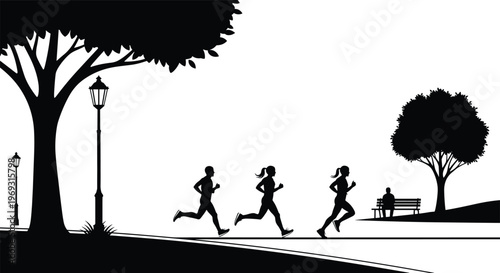 Silhouettes of people jogging in a park with trees and a lamppost, depicting healthy outdoor activity.