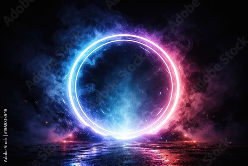 glowing circular portal with neon light and smoky effect on dark backdrop