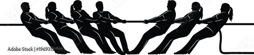 Team of people playing tug of war, a silhouette representing competition, strength, and teamwork.