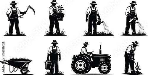 Collection of farmer silhouettes performing agricultural tasks with tools, tractor, and wheelbarrow.