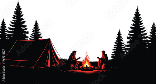 Two people sit around a campfire at night next to a tent in a forest, enjoying the outdoors.