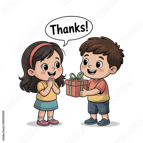 Cartoon kids exchanging a gift