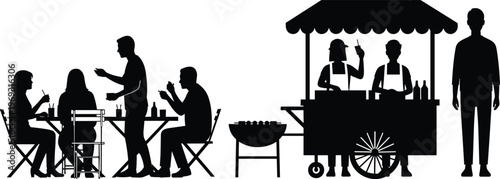 Silhouettes of people dining outdoors at tables and a food cart vendor, depicting a casual social gathering and street food.