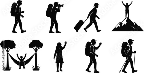 Silhouette collection of diverse people enjoying outdoor activities like hiking, photography, and reaching mountain summits.