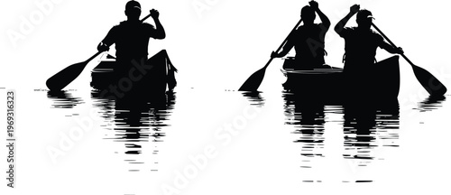 Silhouettes of people canoeing on calm water, reflecting in the ripples, symbolizing teamwork and outdoor recreation.
