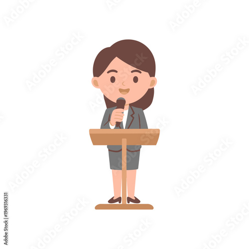 Woman speaking at a podium with a microphone