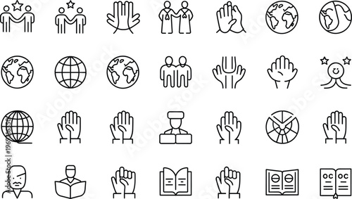 Community icons, education symbols, global awareness graphics, unity illustrations, empowerment visuals, graduation icons, reading books, raised hands, podium speaker, diversity