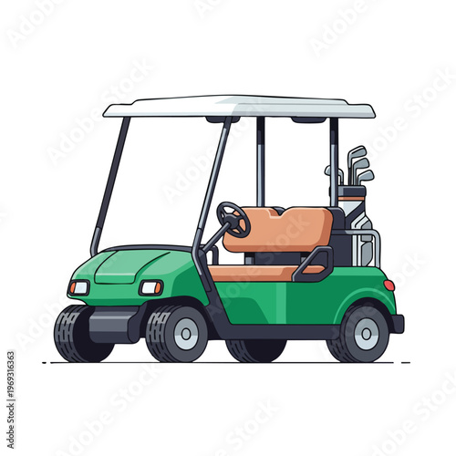 Green golf cart with tan seats and golf clubs in back