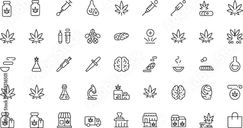 Cannabis icons, marijuana symbols, medical cannabis, hemp leaf, cannabis oil, pills, syringe, laboratory equipment, storefront, delivery truck, packaging, food