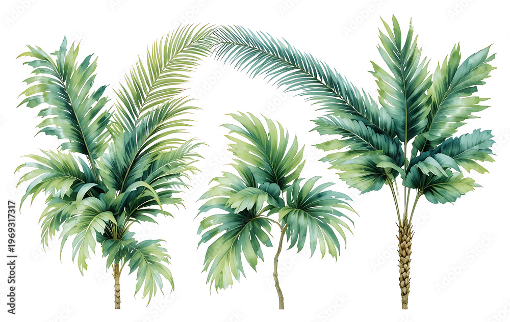 Fototapeta premium Palm trees with green leaves on white background tropical plants foliage