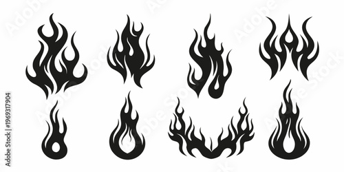 Stylized black flame designs arranged in a symmetrical graphic pattern