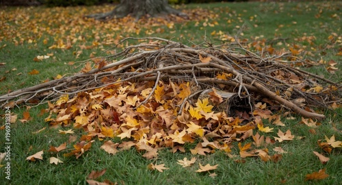 Suburban yard scene showing gathered fall foliage and snapped branches prepared for discard