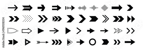 Assortment of black arrow icons and symbols for navigation and direction on a white background.