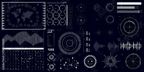 Futuristic interface displaying complex data visualizations and technical schematics