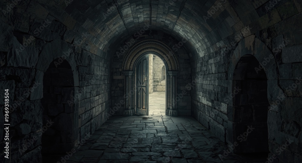 Obraz premium Medieval castle interior featuring a glowing ancient portal in a hidden passage for legendary story settings