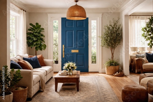 Inviting living area featuring a striking blue main entrance door