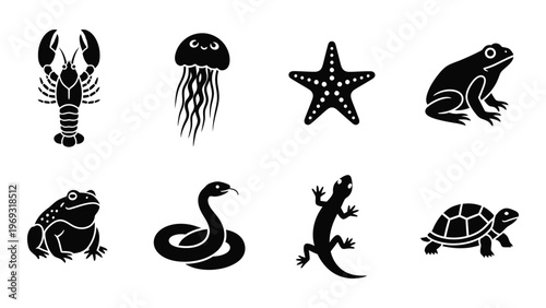 A collection of black silhouettes depicting various marine and amphibious creatures including a lobster jellyfish and frog silhouette high quality professional