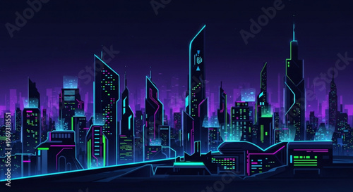 Futuristic cityscape with neon lights at night showcasing sleek skyscrapers and modern architecture in a vibrant purple and blue hue urban landscape with glowing lines